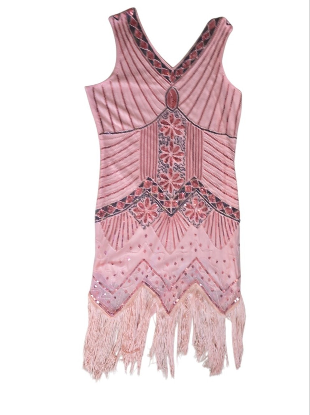 1920s Flapper Girl Styled Pink Sequin Beaded Dress With Fringe Size 3X